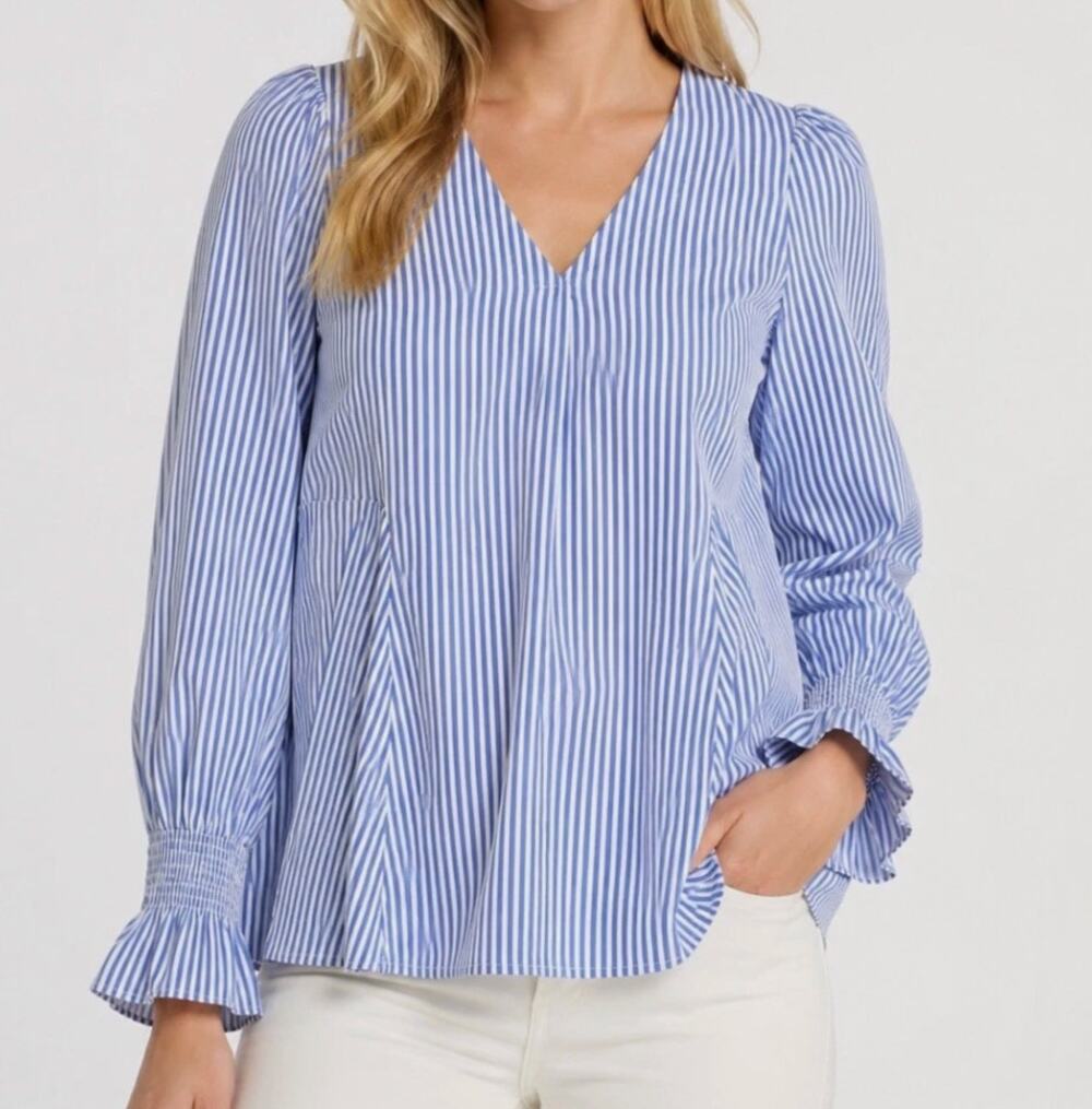 Tuckernuck Easton Striped Long Sleeve V Neck Blouse Blue Small